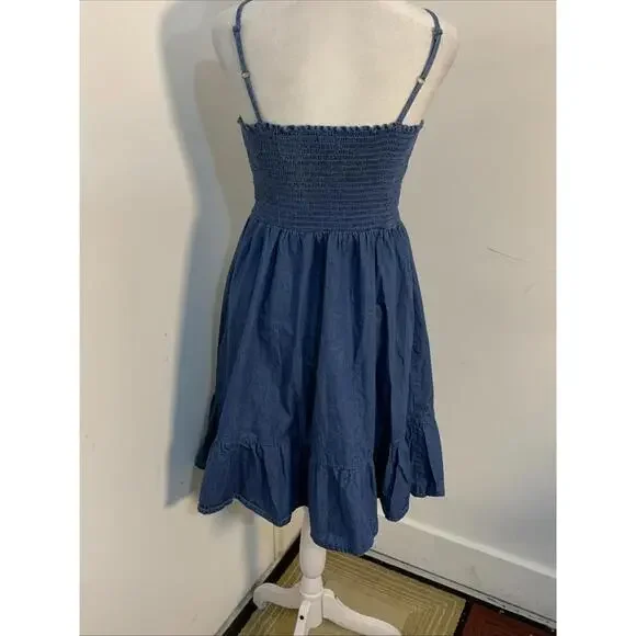 Japna Chambray Smocked Blue Sundress Midi Prairie Ruffle Hem Cottage Small Excel - Picture 6 of 13
